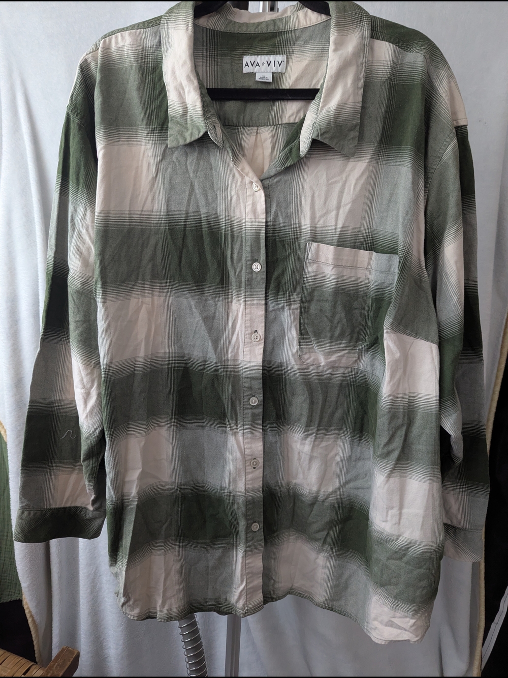 Olive Green and White Plaid Button-Up Shirt